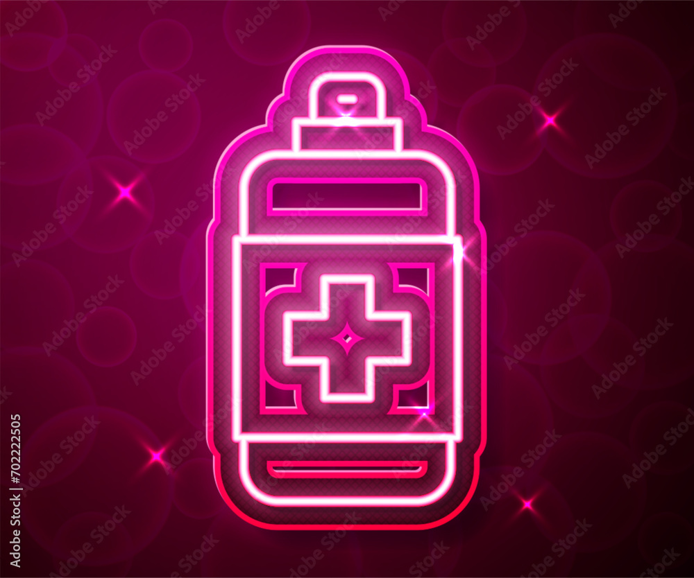 Canvas Prints glowing neon line bottle of liquid antibacterial soap with dispenser icon isolated on red background