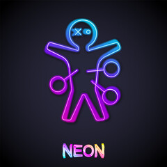 Glowing neon line Voodoo doll icon isolated on black background. Happy Halloween party.  Vector