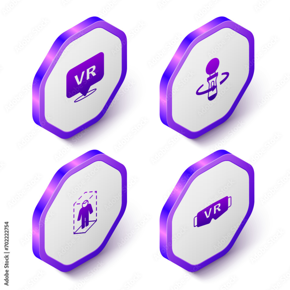 Wall mural set isometric virtual reality, vr controller game, 3d modeling and glasses icon. purple hexagon butt