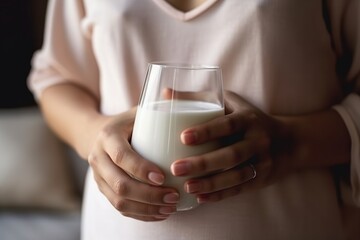 Close-up of a pregnant woman in a white dress, holding a glass of milk, focusing on a healthy diet.