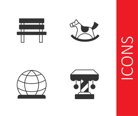 Set Attraction carousel, Bench, Playground climbing equipment and Horse saddle swing icon. Vector