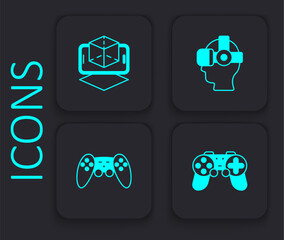 Set Gamepad, 3d modeling, Virtual reality glasses and  icon. Black square button. Vector
