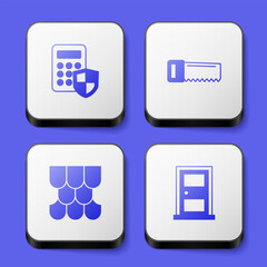 Set Security keypad access panel, Hand saw, Roof tile and Closed door icon. White square button. Vector