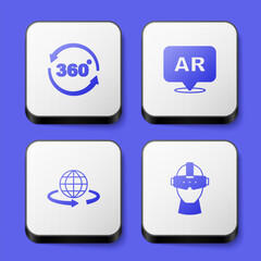 Set 360 degree view, Augmented reality AR, 3d modeling and Virtual glasses icon. White square button. Vector