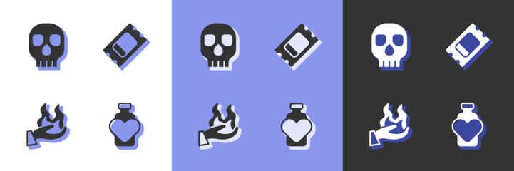 Set Bottle with love potion, Skull, Hand holding fire and Circus ticket icon. Vector