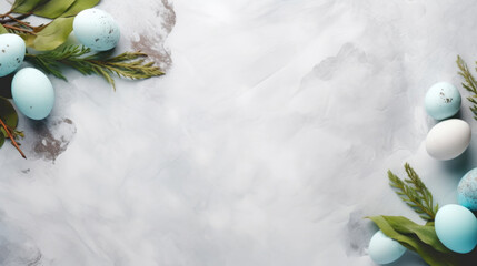 Stylish Easter eggs scattered with fresh greenery on a cool marble surface, creating a modern holiday backdrop.