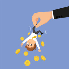 Big hand hold and shake money from a small businessman. illustration vector cartoon.