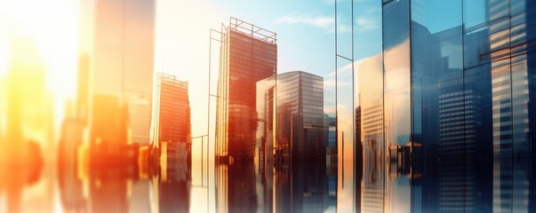 Modern and luxury skyscrapers in megapolis city sunset lightsunny day, banner panorama. Generative...