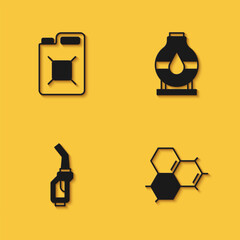 Set Canister for gasoline, Molecule oil, Gasoline pump nozzle and Oil tank storage icon with long shadow. Vector