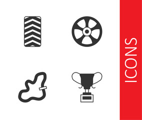 Set Award cup, Car tire wheel, Racing track and Alloy for car icon. Vector