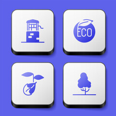 Set Well, Eco healthy food, Sprout and Fruit tree icon. White square button. Vector