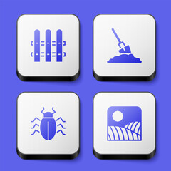 Set Garden fence wooden, Shovel in the ground, Colorado beetle and Agriculture wheat field farm icon. White square button. Vector