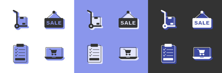 Set Shopping cart on screen laptop, Hand truck and boxes, Clipboard with checklist and Hanging sign text Sale icon. Vector