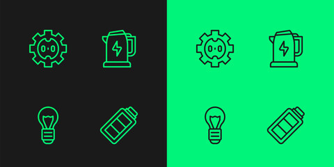 Set line Battery charge, Creative lamp light idea, Electrical outlet and kettle icon. Vector