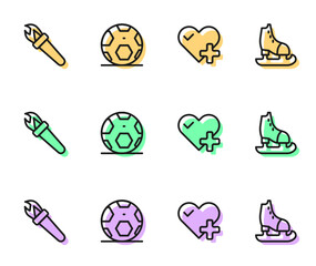 Set line Heart rate, Torch flame, Soccer football ball and Skates icon. Vector