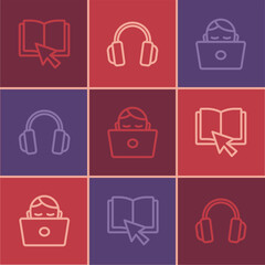 Set line Online book, Student working at laptop and Headphones icon. Vector