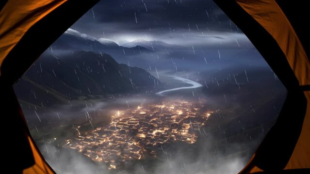 View of the Tibet city from inside the tent at night. Concept of travel and camping