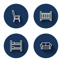 Set line Chair, Baby crib cradle bed, Bunk and Sofa with long shadow. Blue circle button. Vector