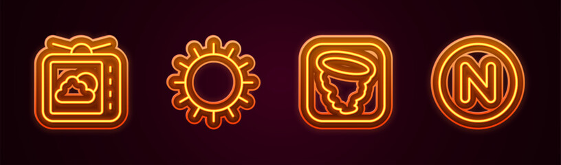 Set line Weather forecast, Sun, Tornado and Compass north. Glowing neon icon. Vector