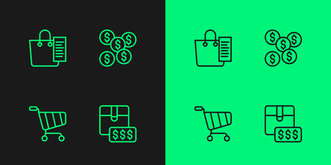 Set line Item price tag with dollar, Shopping cart, list and Dollar symbol icon. Vector