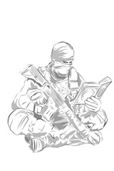 a male soldier with a weapon reading the Qur'an in a white background