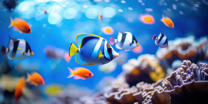 An emperor angelfish commands attention with its bold patterns amidst a bustling coral reef aquarium.