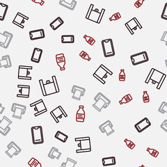 Set line Online ordering food, Food on mobile,  and Bottle of water on seamless pattern. Vector