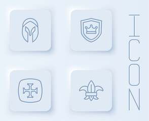 Set line Medieval helmet, Shield with crown, Crusade and Fleur lys or lily flower. White square button. Vector
