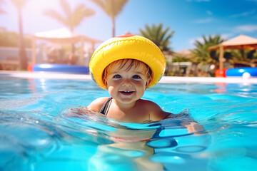 Baby with inflatable armbands in swimming pool. Little boy learning to swim in outdoor pool of tropical resort. Swimming with kids. Healthy sport activity for children. Sun protection. Swim aids