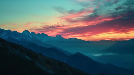 Breathtaking Sunset Over Majestic Snow-Capped Mountains with Colorful Sky and Rolling Hills