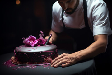 Obraz na płótnie Canvas Baker decorating a mousse cake