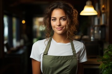 Barista wears apron standing with arms crossed and looking at camera in coffee shop. Young woman cafe owner smiling and waiting for welcome customer.