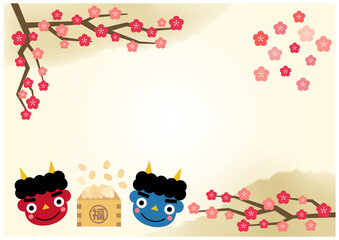 梅の花咲く鬼とおたふくの豆まき節分フレーム1薄金