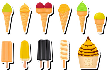 Illustration on theme big kit ice cream popsicle different types in cone waffle cup