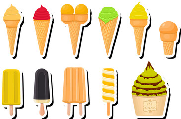 Illustration on theme big kit ice cream popsicle different types in cone waffle cup