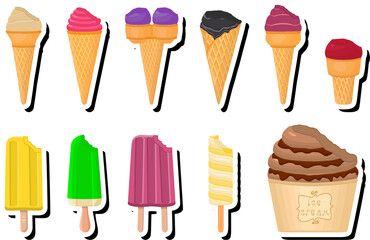 Illustration on theme big kit ice cream popsicle different types in cone waffle cup