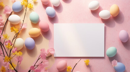 A festive Easter display featuring a colorful assortment of pastel eggs and delicate yellow flowers against a pink backdrop.