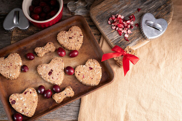 Cranberry heart shape and one shape dog treats. Valentine's day cookies for your canine friends.  Baked cranberry puppy biscuits. - obrazy, fototapety, plakaty