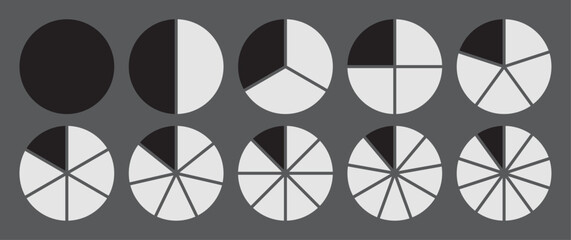 Circle divided into 1-10 parts icon set.  Full circle segment diagram in 1-10 parts graph icon pie shape section chart in black and white color. Circle divided in ten parts infographics.