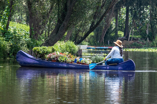 A Mexican woman paddles her canoe boat selling flowers and plants to tourists on a canal in Xochimilco, Mexico City
