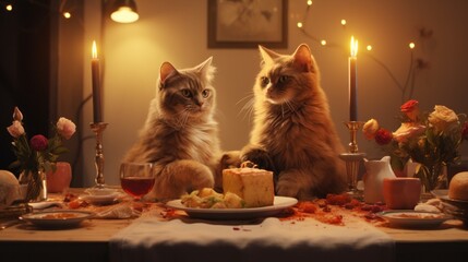 Two cats sitting at a dinner table with candles