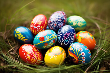 Fototapeta na wymiar Many colorful color eggs with ornaments on green grass