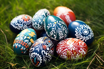 Fototapeta na wymiar Many colored eggs with ornaments on green grass