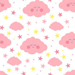 Seamless pattern with sleepy pink cloud with pink and yellow stars for baby room decoration. For fabric print logo sign cards banners Kids wall art design Vector illustration