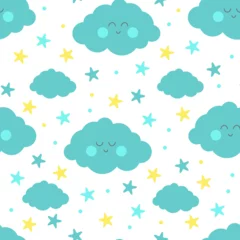 Schilderijen op glas Sleepy blue cloud with yellow stars for baby room decoration. For fabric print logo sign cards banners Kids wall art design Vector illustration © Kidzkamba
