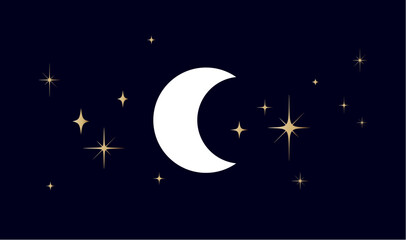 Naklejka premium Moon, half moon, crescent with stars. Half moon, crescent with star, night sky background. Half moon symbol, graphic elements, light star shapes graphic, crescent icon collection. Vector Illustration