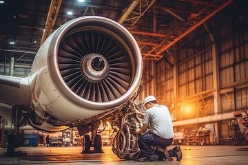 Aircraft maintenance technician inspects and works on airplane engines in the hangar at repair station. ai generative - obrazy, fototapety, plakaty