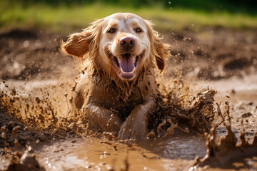 Golden Retriever springt glücklich durch den Schlamm, Junger Hund spielt in der schlammigen und dreckigen Pfütze - obrazy, fototapety, plakaty