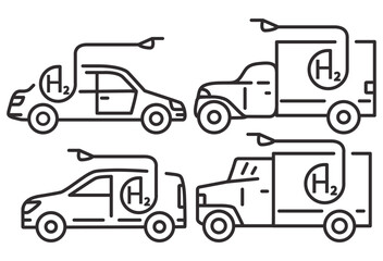 Renewlable energy.H2 symbol. Ecological energy. Zero emissions. H2 energy as green.Low emission.Hydrogen car icon. Hydrogen truck.Alternative energy source. Outline vector illustration.