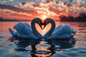 Romantic swans making a heart shape, Swan couple for Valentine's Day - obrazy, fototapety, plakaty